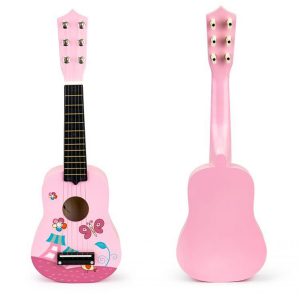 Fából készült gyermek gitár A rózsaszínt úgy tervezték, hogy a teljes méretű gitár összes tulajdonságát megkapja. Fa szerkezet 6 fém húrral.