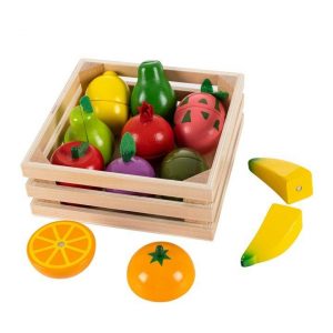 Fa szett gyümölcs szeletelésre + kosár A 10db-os didaktikus játék gyerekeknek, amely megtanítja felismerni a gyümölcs fajtáit és színeit, szintén növeli a tapintási képességeket.