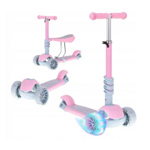 Gyermek háromkerekű robogó 3 az 1 -ben LED | üléssel rózsaszín egyesíti a robogó, a tricikli és a gördeszka funkcióit.
