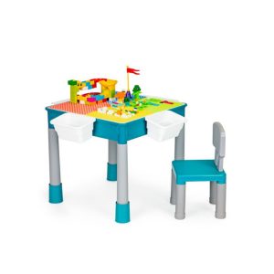 Gyerek játszóasztal székkel Gyermek színes játszóasztal forgó asztallappal és táblával. Szék- és kockadobozokkal.
