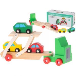 A fából készült játékautók - vontató + 3 autó - elengedhetetlenek minden autókollekcióban. Az élénk színek felkeltik a gyermek figyelmét.