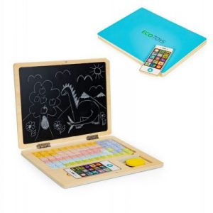 A fából készült oktatási laptop kék táblával 78 különböző színű mágneses elemet tartalmaz. A hagyomány és a modernitás nagyszerű kombinációja.