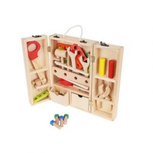 Gyerek faszerszám + doboz készlet egy hagyományos szerszámból és tartozékokkal, zárt dobozban.