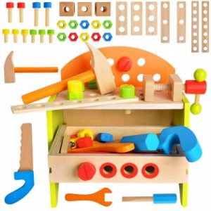 Children's wooden workshop with tools - box 2in1 The 40-piece will allow each child to turn into a handyman or a mechanic for a while.