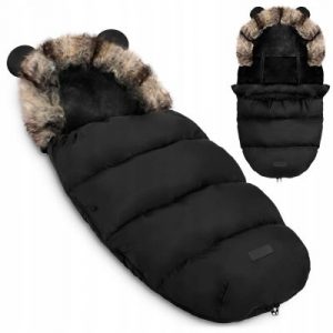 Gyermek téli babakocsi táska szőrmével - fekete minden körülmények között jól működik, miközben biztosítja a kényelmet és a biztonságérzetet.