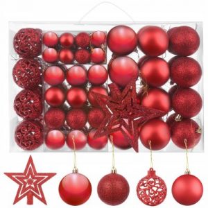 Karácsonyi bálok - dekorációk + csillag 100db | piros - készlet matt díszeket, csillogó díszeket, fényes díszeket, csillagot tartalmaz.