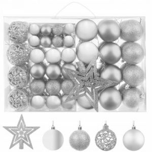 Karácsonyi bálok - dekorációk + csillag 100db | ezüst - a készlet matt díszeket, csillogó díszeket, fényes díszeket, csillagot tartalmaz.