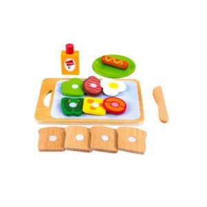 Szendvicskészlet fából készült didaktikai játék, amely megtanítja a gyermeket hamburger készítésére. Alkalmas gyermeke fa konyhájának felszerelésére.