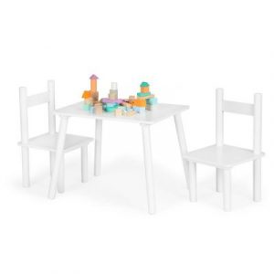 Babaasztal szett székekkel egyszerű formájának köszönhetően a fehér tökéletesen illeszkedik a gyerekszobába.