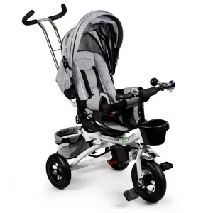 Gyermek tricikli - 360°-ban forgatható | Deluxe szürke, lehetővé teszi az ülés elfordítását és a szülő felé vagy menetirányba állítását.