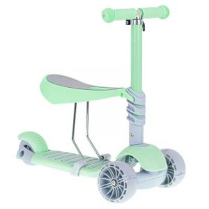 Háromkerekű gyerekrobogó LED-es ülészölddel, amely egyesíti a roller, a tricikli és a gördeszka funkcióit.