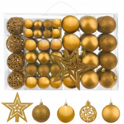 Karácsonyi díszek - golyók + csillag 100db arany matt, csillogó és fényes felülettel rendelkezik. Szemet gyönyörködtető felületű karácsonyi bálok is járnak hozzá.