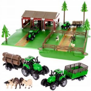 Hatalmas gyerekfarm traktorokkal és állatokkal A 102 darabos fák, kerítések, traktorok, istállók és állatok találhatók.