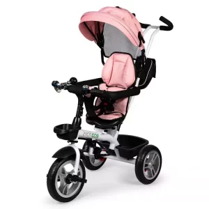 A rózsaszín forgatható ülésű tricikli kényelmes háttámlával rendelkezik, melynek köszönhetően a gyerkőc kényelmesen ül, az övek pedig megóvják az ülésből való kieséstől.