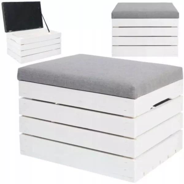 Fa zsámoly 40x50x35cm fehér tárolóhellyel, lehajtható, kárpitozott ülőfelülettel rendelkezik, így tárolóhelynek is használható.