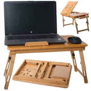 Fából készült asztal a laptop alatt - szellőzéssel összecsukható bármilyen típusú laptophoz. Állítható lábakkal és állítható dőlésszöggel rendelkezik.