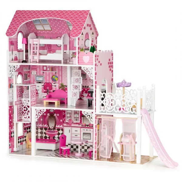 Faház babáknak XXL rózsaszín csúszdával, 3 független szinttel, összesen 7 szobával - minden tökéletesen utánozza a valódi lakóházat.