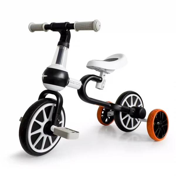 Gyermek kerékpár és kidobó 4 az 1-ben segédkerekekkel fekete, 2 éves kortól. Speciális felépítésének köszönhetően 4 változatban használható.