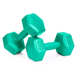 Hatszögletű súlyzókészlet - zöld 2x 2kg, amivel rengeteg izomcsoportot edzhetsz, pl. karok, vállak, lábak és még a has.