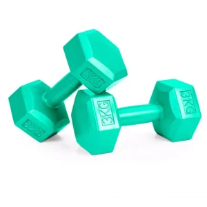 Hatszögletű súlyzókészlet - zöld 2x 3kg lehetővé teszi számos izomcsoport edzését, pl. karok, vállak, lábak és még a has.