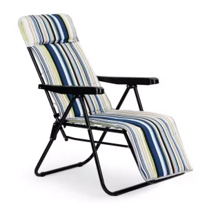 A kényelmes összecsukható kerti szék csíkos tartós anyagból készült, amely tökéletesen illeszkedik a testhez. Terhelhetősége 120 kg.