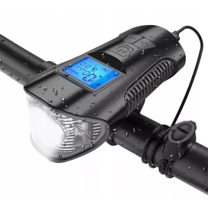 LED kerékpár lámpa + fordulatszámmérő kürt | Az LCD USB 4 világítási móddal rendelkezik. A lámpa vízálló USB-vel, háttérvilágítású képernyővel, 1500 mAh-s akkumulátorral rendelkezik.