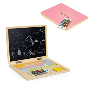 A fából készült oktatási laptop rózsaszín táblával a hagyomány és a modernitás nagyszerű kombinációja, amely lehetővé teszi a gyermek számára, hogy barátságosan tanuljon.