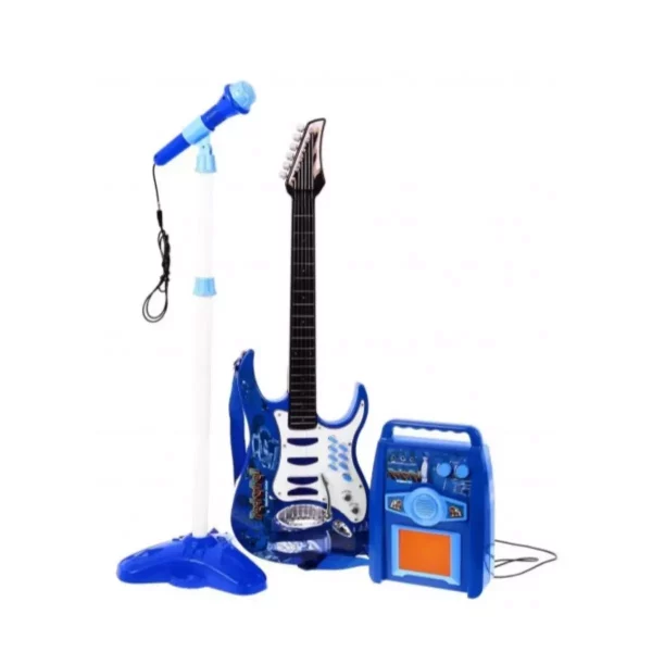 Gyermek gitár mikrofonnal és erősítővel kék Vezeték nélküli gitár mikrofonnal. Inspiráló hangszer. Olyan tulajdonságokkal, mint egy igazi rockgitár.