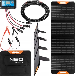 Hordozható napelem / napelemes töltő 140 W USB NEO | 90-142 tartalma: napelem 140W, feszültség szabályzó, MC4 kábel, töltő kábelek.