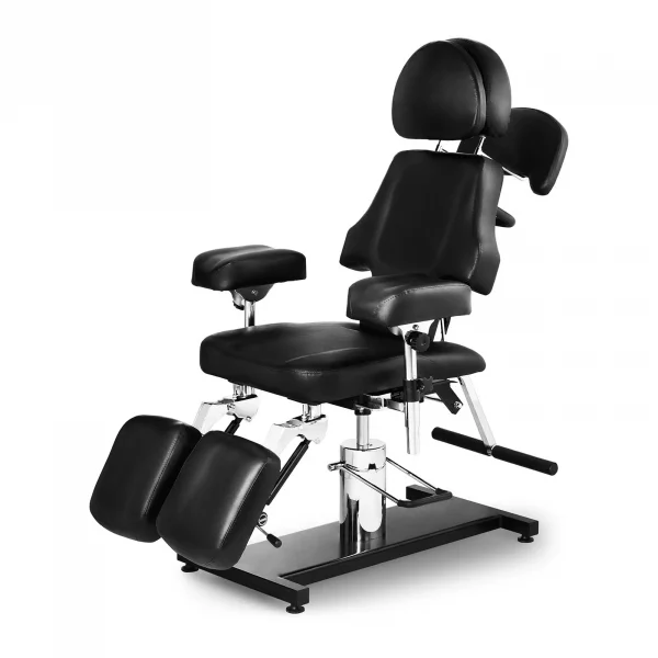 Tetováló szék - fekete modell: A PHYSA DALLAS BLACK stílusos kialakítása fekete ökológiai bőrből és rozsdamentes acélból készült, maximális teherbírása 200 kg.