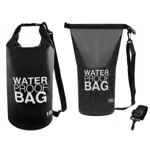 Vízálló táska 10 L - fekete - strapabíró anyagból készült, amely nem csak vízálló, de hatékonyan védi a benne lévő tárgyakat is.