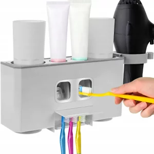 Automatikus fogkrém adagoló - dupla + 4 csésze - 2 hely a fogkrém számára és tartó 5 kefe számára. A készlet 4 db poharat tartalmaz.