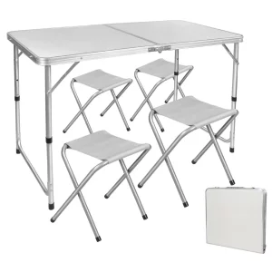 Kemping összecsukható készlet | asztal + 4 szék - kemping szett 4 fő, felnőtt és gyerek számára használható. Állítható magasságú.