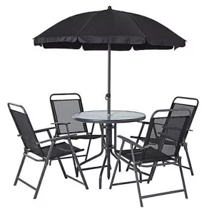 Kerti készlet LETICIA GREY - asztali székek esernyő - készlet négy székből, egy asztalból és egy napernyőből áll.