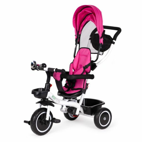 Tricikli vezetőrúddal - forgó | rózsaszín, 6 hónapos és 5 éves kor közötti gyermekek számára, maximum 25 kg teherbírással. Kívül tároló kosár játékoknak.