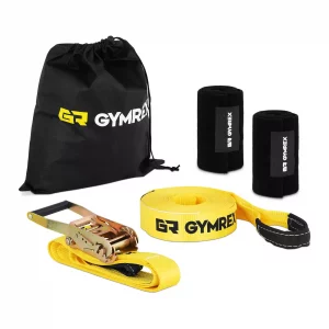 Slackline készlet edzéshez - öv 13m Gymrex | favédelem - GR-SL15, Tartozékok és segédeszközök kültéri erősítéshez. A csomag hátizsák része.