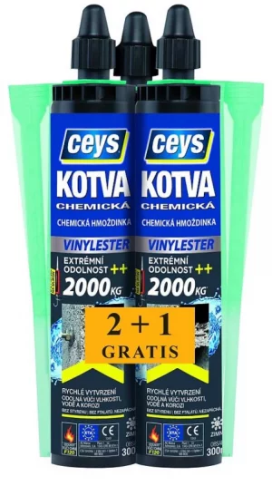 Vegyi horgony Ceys Vinylester - 2+1 mentes, 300 ml - rendkívül tartós rögzítéshez üreges, törékeny vagy szilárd anyagokban.