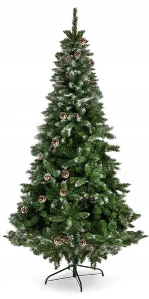Műkarácsonyfa állványon - 210 cm STANDARD - műhóval és fenyőtobozokkal díszített, szilárd alapra épült szép, sűrű ágakkal