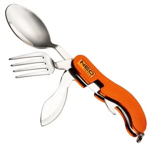 Többfunkciós kés evőeszközökkel NEO | 63-027 - 5 funkciót tartalmaz. Az evőeszközkészlet jó szolgálatot tesz kempingezéskor, sátorban és kirándulásokon.