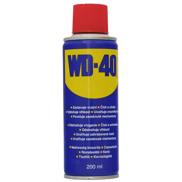Univerzális spray WD-40 200ml - megállítja a nyikorgást, kiszorítja a nedvességet a fémfelületekről, feloldja és eltávolítja a régi kenőanyagokat.