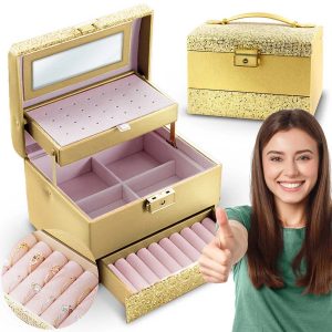 Ékszeres doboz Massido MS-705 | aranysárga - ideális lányok és nők igényeihez. Van hely fülbevalónak, tükörnek, gyűrűknek.