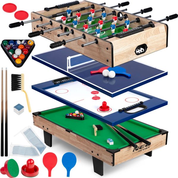 Többfunkciós játékasztal 4 az 1-ben - fa | NS-800 - asztali foci, ping-pong asztal, léghoki, biliárdasztal. A játékokhoz szükséges kiegészítők.