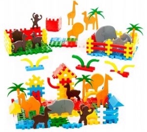 Gyerekkészlet - ZOO állatok 235 db - zsiráf, elefánt, oroszlán, majom, orrszarvú, láma, medve, teve, fák, pálmafák, kerítések.