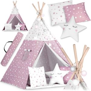 Gyermeksátor TeePee lámpákkal | rózsaszín csillagokkal - prémium pamutból készült. Elemes lámpa, három párna és egy szigetelő szőnyeg.