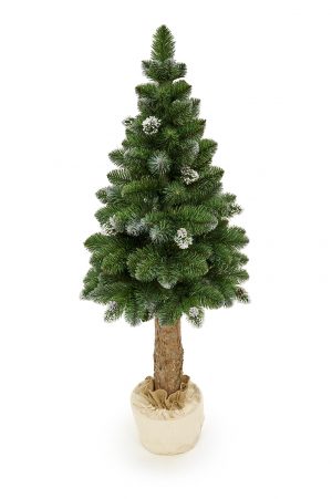 Mesterséges karácsonyfa a csonkon fenyőtobozokkal PREMIUM | 1.65m - a fa stabil fazékba kerül, amit ízléses jutazsákba tesznek.