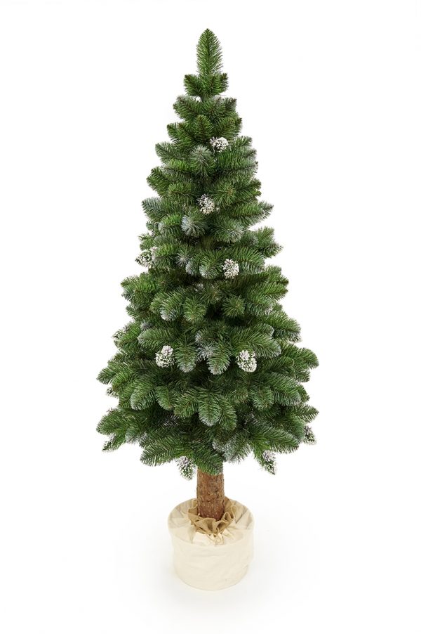 Mesterséges karácsonyfa a csonkon fenyőtobozokkal PREMIUM | 2m - a fa stabil fazékba kerül, amit ízléses jutazsákba tesznek.