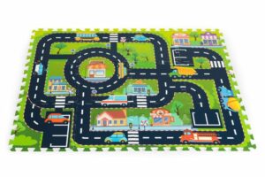 Habszőnyeg, puzzle, közlekedési játszótér | A 114 x 86 cm 12 darab kirakóból áll, amelyek tetszés szerint kombinálhatók. Gyermekek számára teljesen biztonságos.