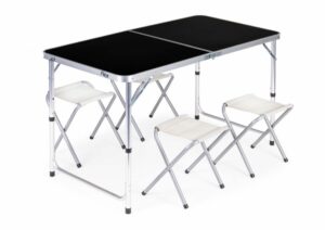Turisztikai asztal, összecsukható, + 4 szék, fekete | 119,5 x 60 cm, tökéletes szett lesz utazáshoz vagy nyaraláshoz.