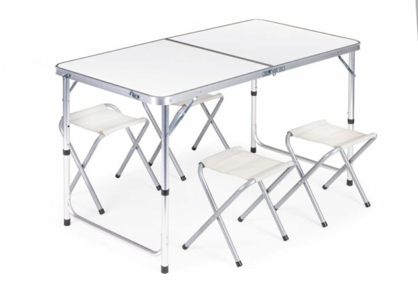 Turisztikai asztal, összecsukható, + 4 szék | 119,5 x 60 cm, tökéletes szett lesz utazáshoz vagy nyaraláshoz.