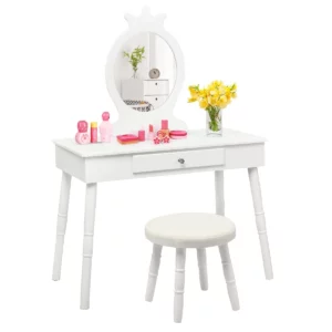 Gyermek fésülködőasztal tükörrel + zsámoly | a fehér ideális ajándék kislányodnak. Ideális gyerekszobába való elhelyezésre.